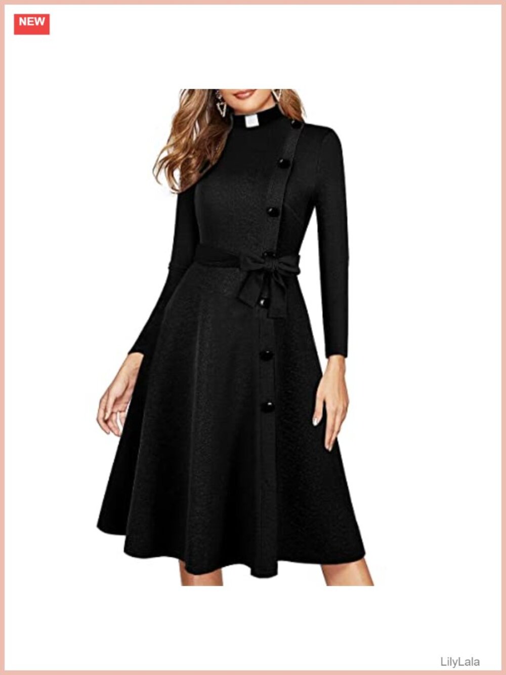 Womens Church Clergy Maxi Dress Long Sleeve A-Line with Belt and Tab Collar